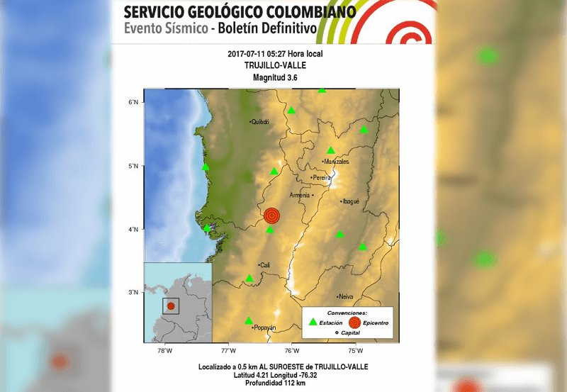 Sismo de magnitud 3.6 se sintió este martes en Trujillo, norte del Valle