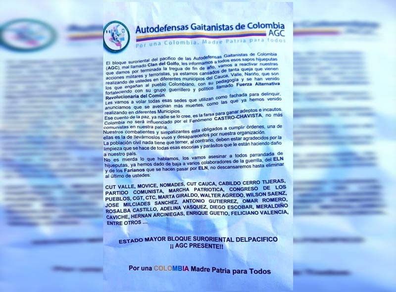 Líderes sociales de Valle y Cauca denuncian amenazas por parte de grupo paramilitar
