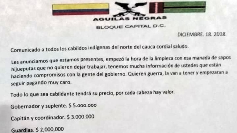 Con panfleto, Águilas Negras ofrecen dinero por asesinar líderes indígenas en Cauca
