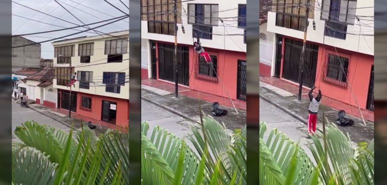 Video: hombre casi se electrocuta intentando robar cable de un poste en Cali