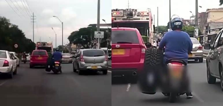 ¡Qué impudencia! Motociclista en Cali fue visto transportando una llanta de camión