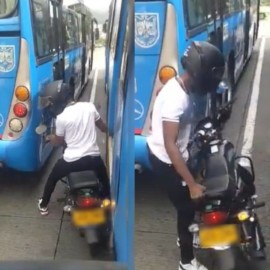 Increíble: Qué tal la imprudencia de este hombre al intentar pasar dos buses del MÍO