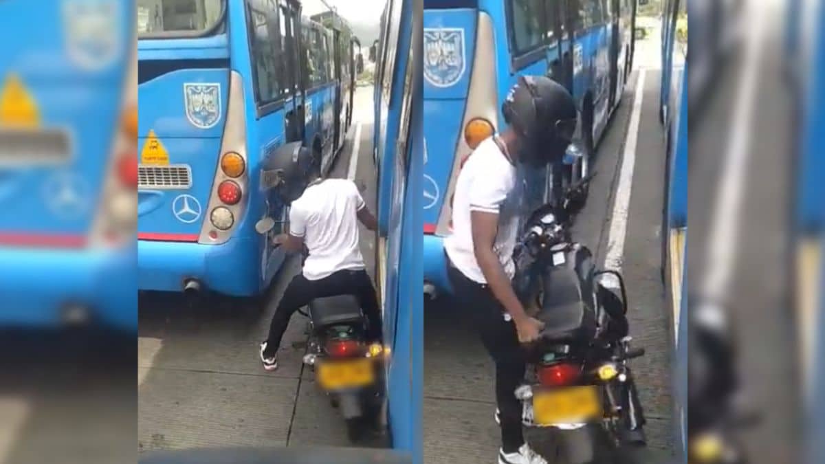 Increíble: Qué tal la imprudencia de este hombre al intentar pasar dos buses del MÍO